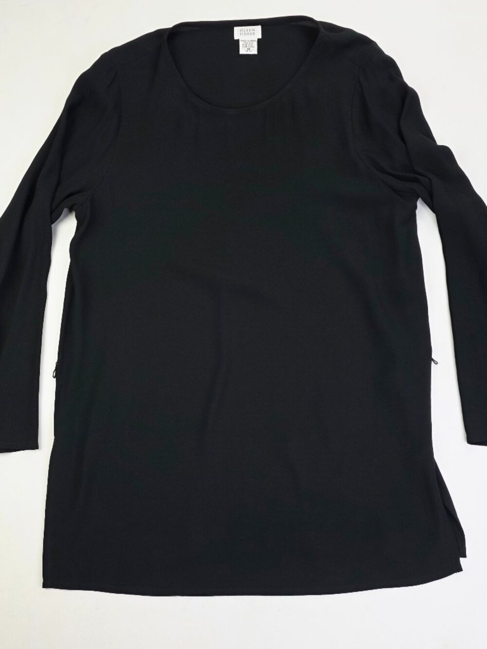 Eileen Fisher Black Silk Womens Size Medium Belt Loop Long Sleeve Crew Neck Top